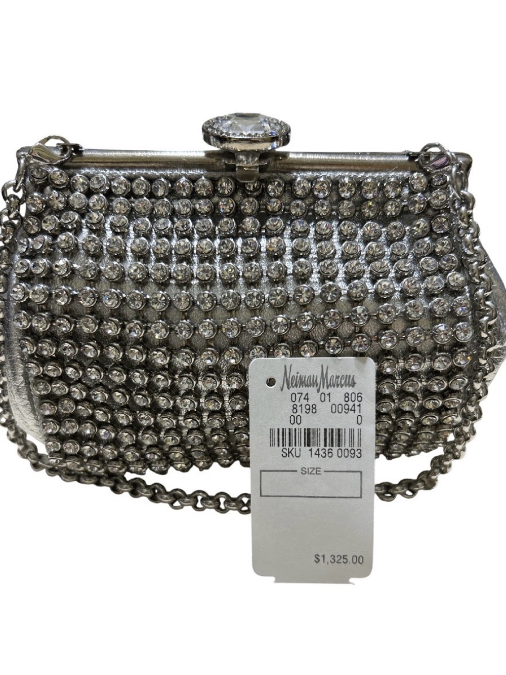 Larisa Barrera Neiman Marcus Silver Crystal-Rhinestone Evening Clutch with Chain